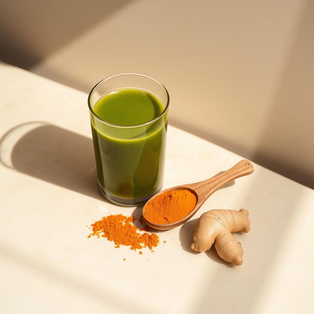 Segelas jus sayur hijau bersama kunyit dan halia